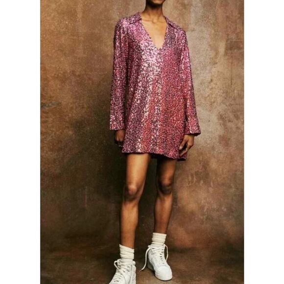 Free People SZ Small Pink Barbie Clueless Festive Sequin Party Selena Shirtdress - Picture 1 of 16